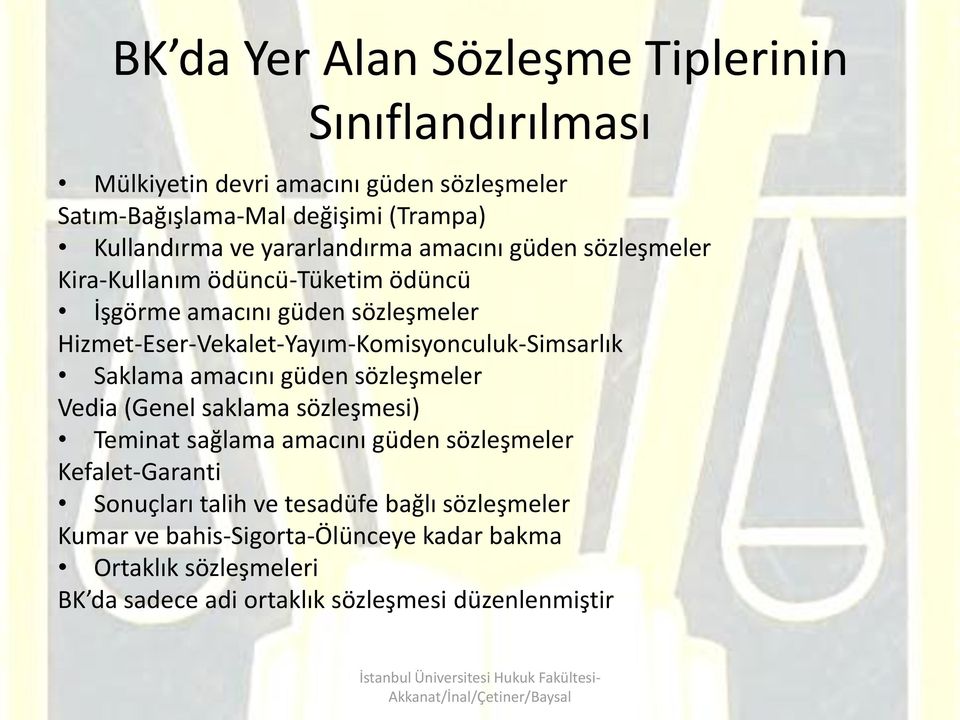 Hizmet-Eser-Vekalet-Yayım-Komisyonculuk-Simsarlık Saklama amacını güden sözleşmeler Vedia (Genel saklama sözleşmesi) Teminat sağlama amacını güden