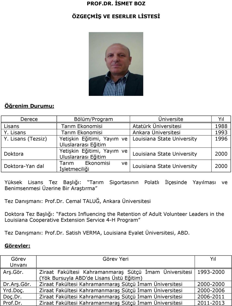 Lisans (Tezsiz) Yetişkin Eğitimi, Yayım ve Louisiana State University 1996 Uluslararası Eğitim Doktora Yetişkin Eğitimi, Yayım ve Uluslararası Eğitim Louisiana State University 2000 Doktora-Yan dal