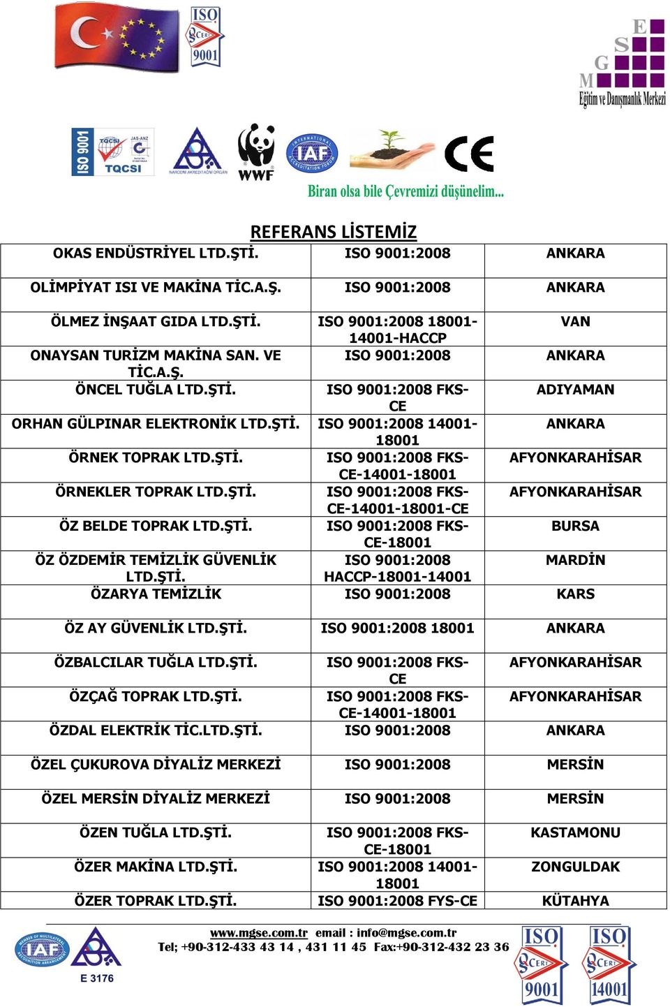 ŞTİ. HACCP-- ÖZARYA TEMİZLİK ISO 9001:2008 KARS ÖZ AY GÜVENLİK LTD.ŞTİ. ISO 9001:2008 ÖZBALCILAR TUĞLA LTD.ŞTİ. AFYONKARAHİSAR ÖZÇAĞ TOPRAK LTD.ŞTİ. AFYONKARAHİSAR -- ÖZDAL ELEKTRİK TİC.LTD.ŞTİ. ISO 9001:2008 ÖZEL ÇUKUROVA DİYALİZ MERKEZİ ISO 9001:2008 MERSİN ÖZEL MERSİN DİYALİZ MERKEZİ ISO 9001:2008 MERSİN ÖZEN TUĞLA LTD.