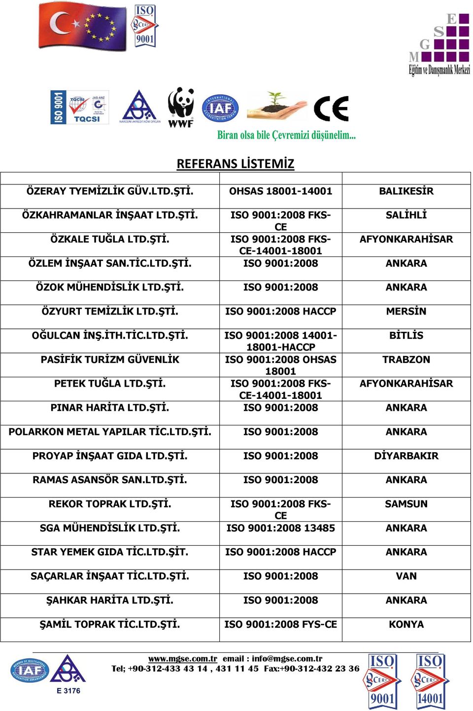 ŞTİ. ISO 9001:2008 POLARKON METAL YAPILAR TİC.LTD.ŞTİ. ISO 9001:2008 PROYAP İNŞAAT GIDA LTD.ŞTİ. ISO 9001:2008 DİYARBAKIR RAMAS ASANSÖR SAN.LTD.ŞTİ. ISO 9001:2008 REKOR TOPRAK LTD.ŞTİ. SAMSUN SGA MÜHENDİSLİK LTD.