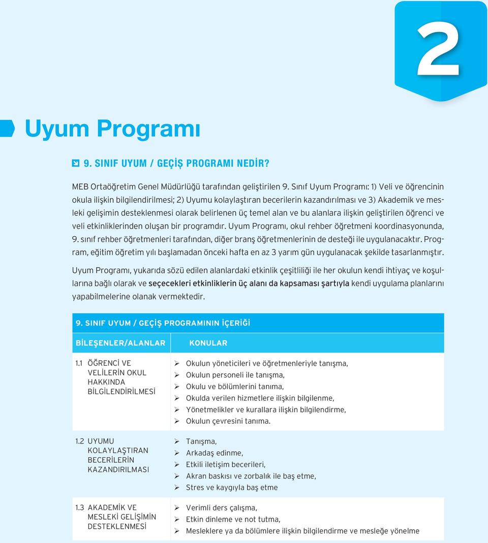 temel alan ve bu alanlara ilişkin geliştirilen öğrenci ve veli etkinliklerinden oluşan bir programdır. Uyum Programı, okul rehber öğretmeni koordinasyonunda, 9.