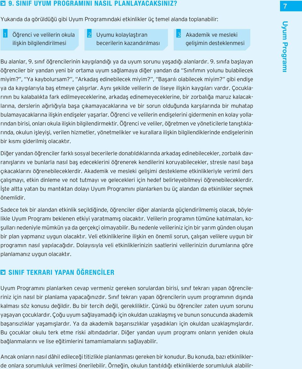 Akademik ve mesleki gelişimin desteklenmesi Bu alanlar, 9. sınıf öğrencilerinin kaygılandığı ya da uyum sorunu yaşadığı alanlardır. 9. sınıfa başlayan öğrenciler bir yandan yeni bir ortama uyum sağlamaya diğer yandan da Sınıfımın yolunu bulabilecek miyim?