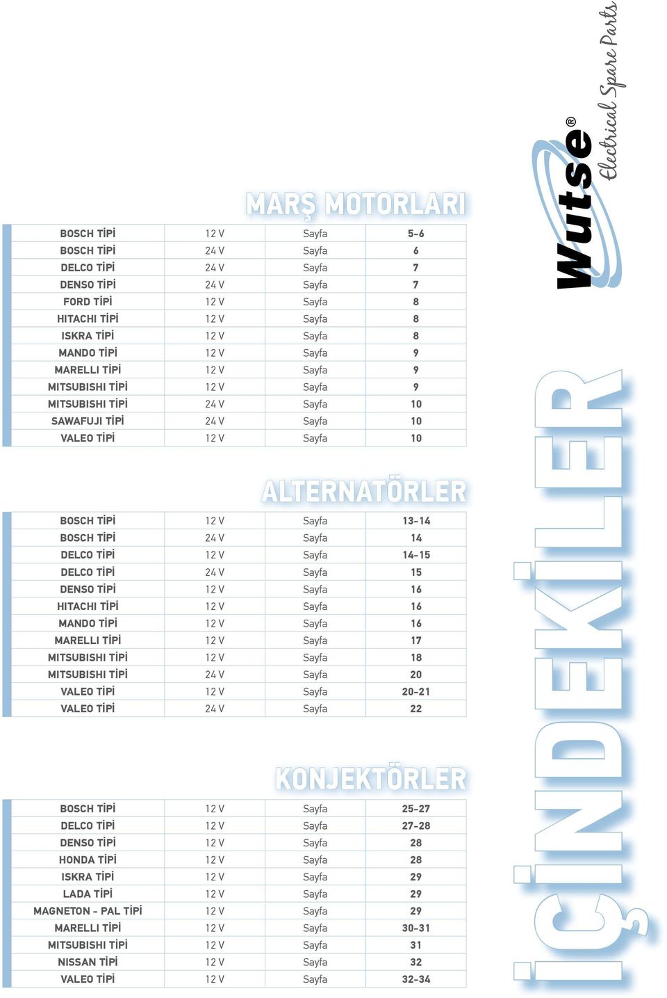 12 V Sayfa 16 HITACHI 12 V Sayfa 16 MANDO 12 V Sayfa 16 MARELLI 12 V Sayfa 17 MITSUBISHI 12 V Sayfa 18 MITSUBISHI 24 V Sayfa 20 VALEO 12 V Sayfa 20-21 VALEO 24 V Sayfa 22 KONJEKTÖRLER BOSCH 12 V