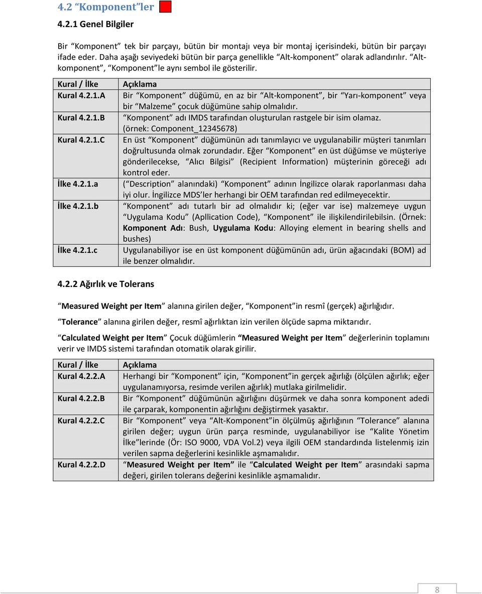 2.1.b İlke 4.2.1.c 4.2.2 Ağırlık ve Tolerans Bir Komponent düğümü, en az bir Alt-komponent, bir Yarı-komponent veya bir Malzeme çocuk düğümüne sahip olmalıdır.