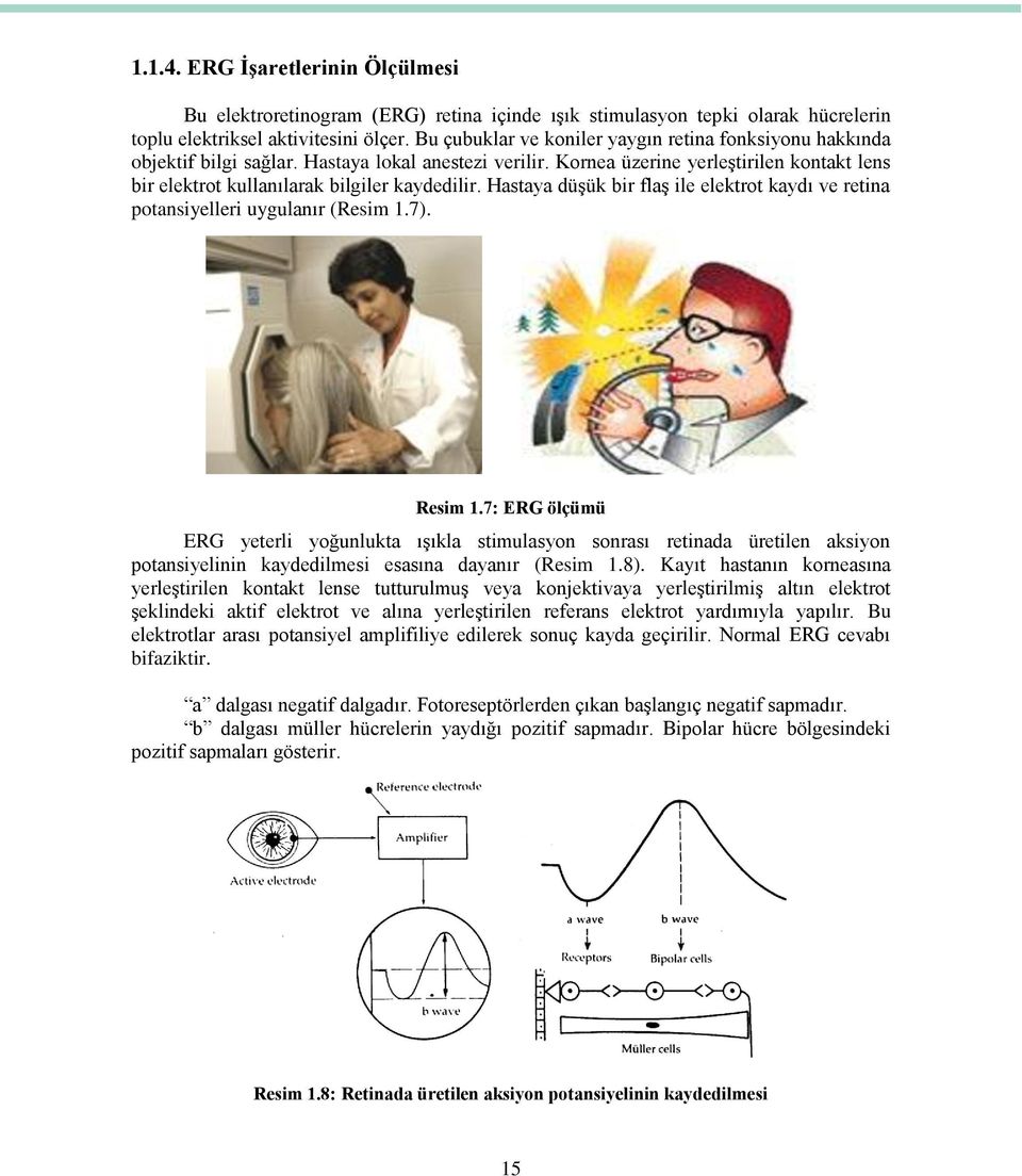 Hastaya düşük bir flaş ile elektrot kaydı ve retina potansiyelleri uygulanır (Resim 1.7). Resim 1.