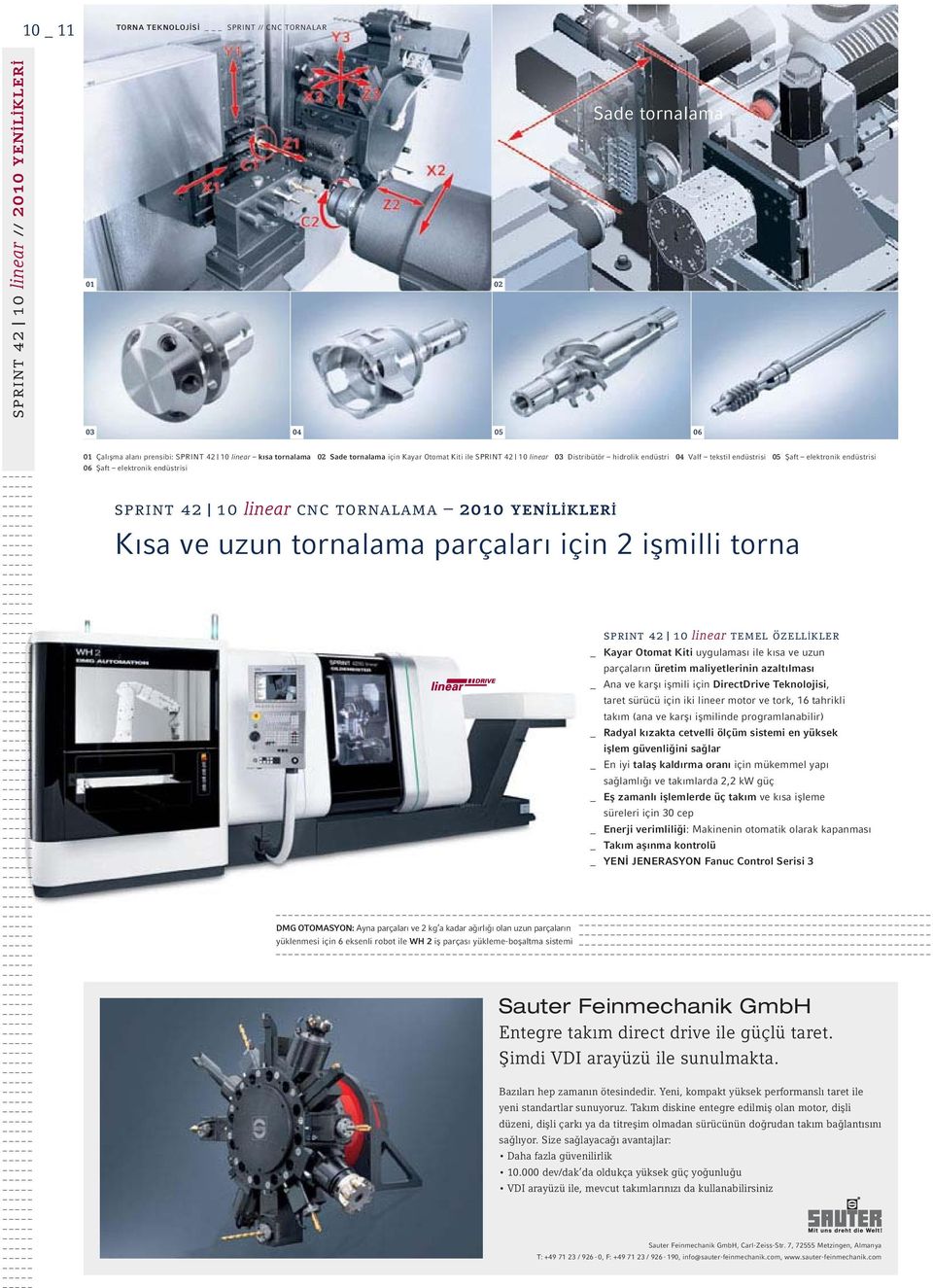 tornalama 2010 yenilikleri Kısa ve uzun tornalama parçaları için 2 işmilli torna sprint 42 10 linear temel özellikler Kayar Otomat Kiti uygulaması ile kısa ve uzun parçaların üretim maliyetlerinin