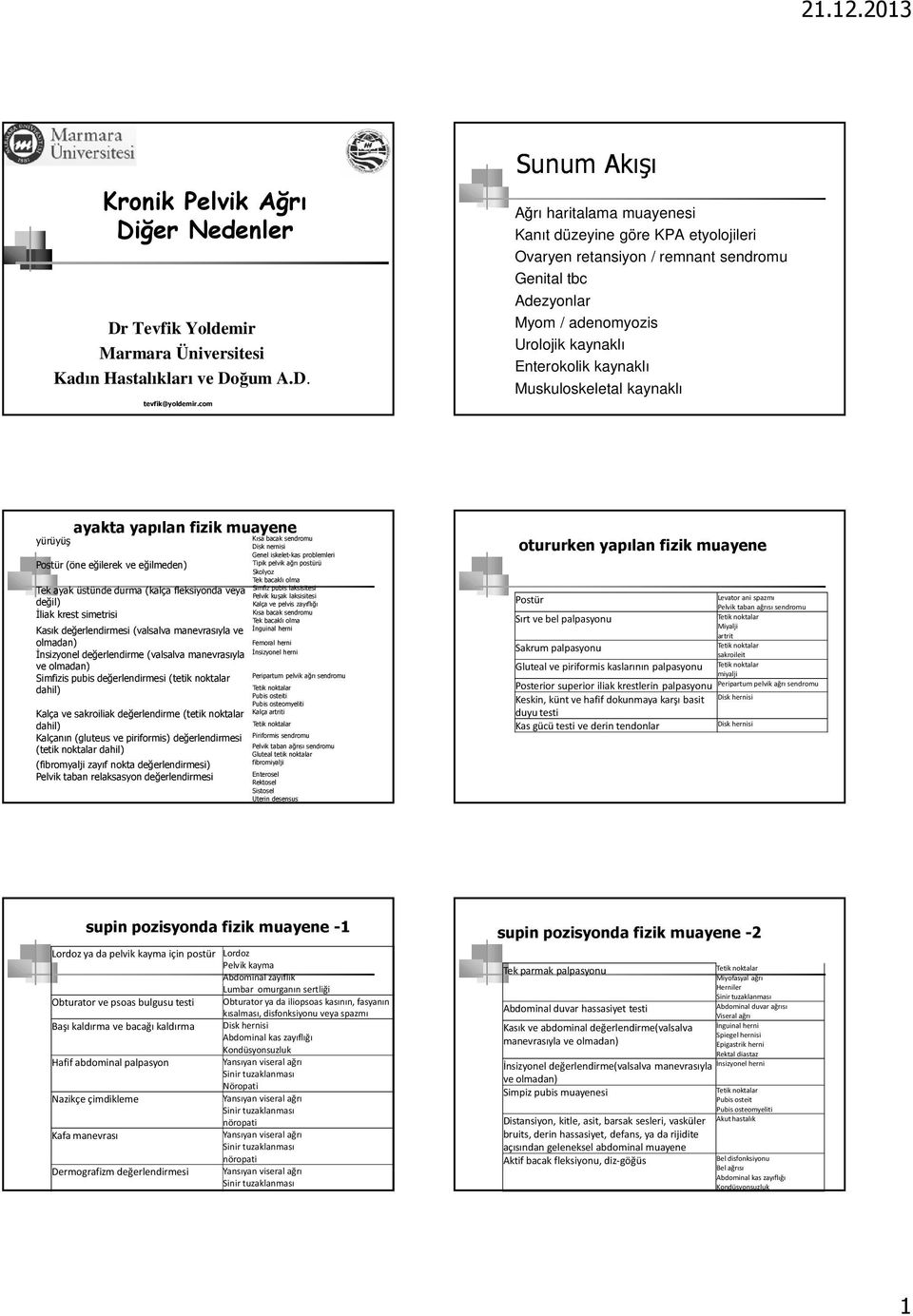 Muskuloskeletal kaynaklı ayakta yapılan fizik muayene Kısa bacak yürüyüş Disk nernisi Genel iskelet-kas problemleri Tipik pelvik ağrı postürü Postür (öne eğilerek ve eğilmeden) Skolyoz Tek bacaklı