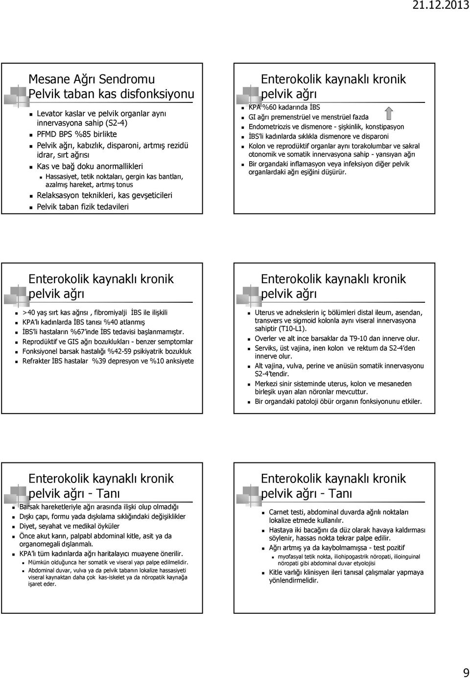 Enterokolik kaynaklı kronik pelvik ağrı KPA %60 kadarında İBS GI ağrı premenstrüel ve menstrüel fazda Endometriozis ve dismenore - şişkinlik, konstipasyon İBS li kadınlarda sıklıkla dismenore ve