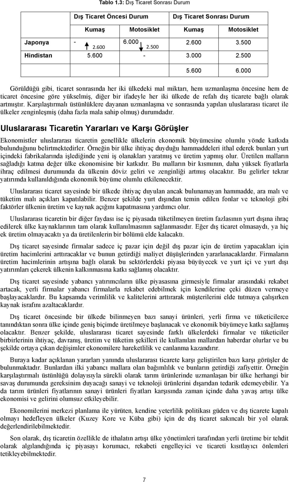 olarak artmıştır. Karşılaştırmalı üstünlüklere dayanan uzmanlaşma ve sonrasında yapılan uluslararası ticaret ile ülkeler zenginleşmiş (daha fazla mala sahip olmuş) durumdadır.