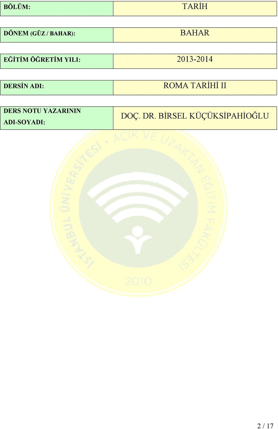 ADI: ROMA TARİHİ II DERS NOTU YAZARININ