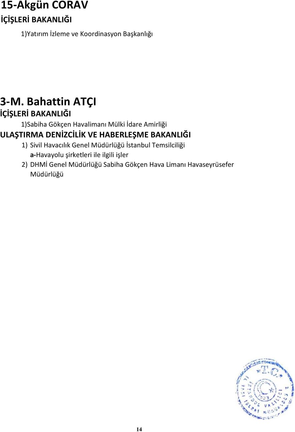 HABERLEŞME BAKANLIĞI 1) Sivil Havacılık Genel Müdürlüğü İstanbul Temsilciliği