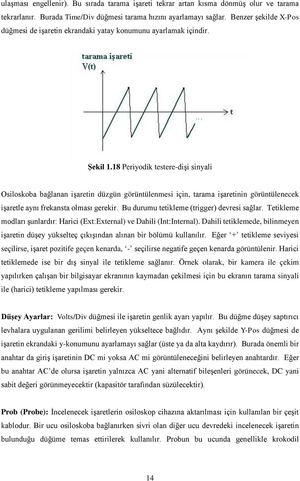 18 Periyodik testere-dişi sinyali Osiloskoba bağlanan işaretin düzgün görüntülenmesi için, tarama işaretinin görüntülenecek işaretle aynı frekansta olması gerekir.