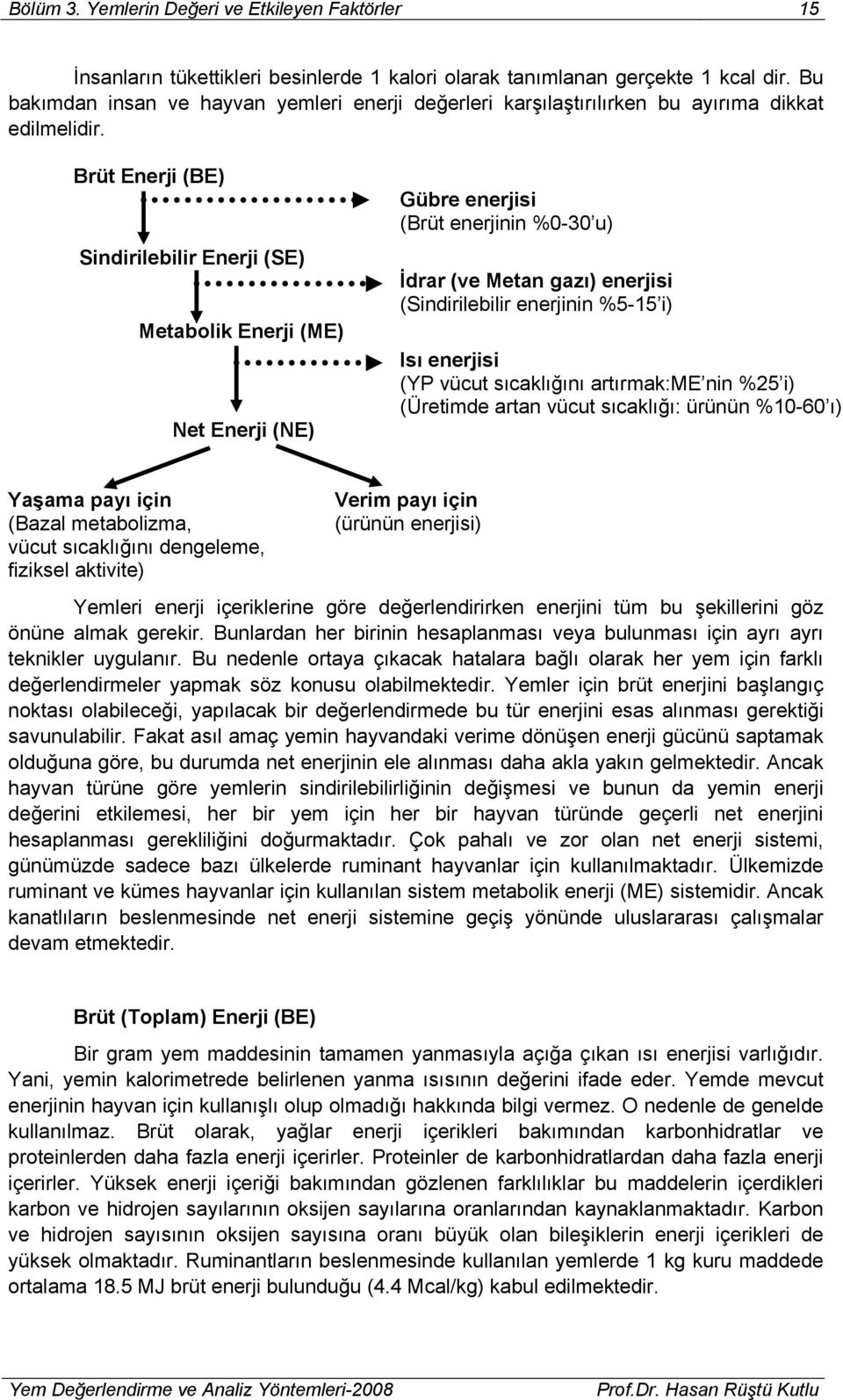 Brüt Enerji (BE) Sindirilebilir Enerji (SE) Metabolik Enerji (ME) Net Enerji (NE) Gübre enerjisi (Brüt enerjinin %0-30 u) İdrar (ve Metan gazı) enerjisi (Sindirilebilir enerjinin %5-15 i) Isı