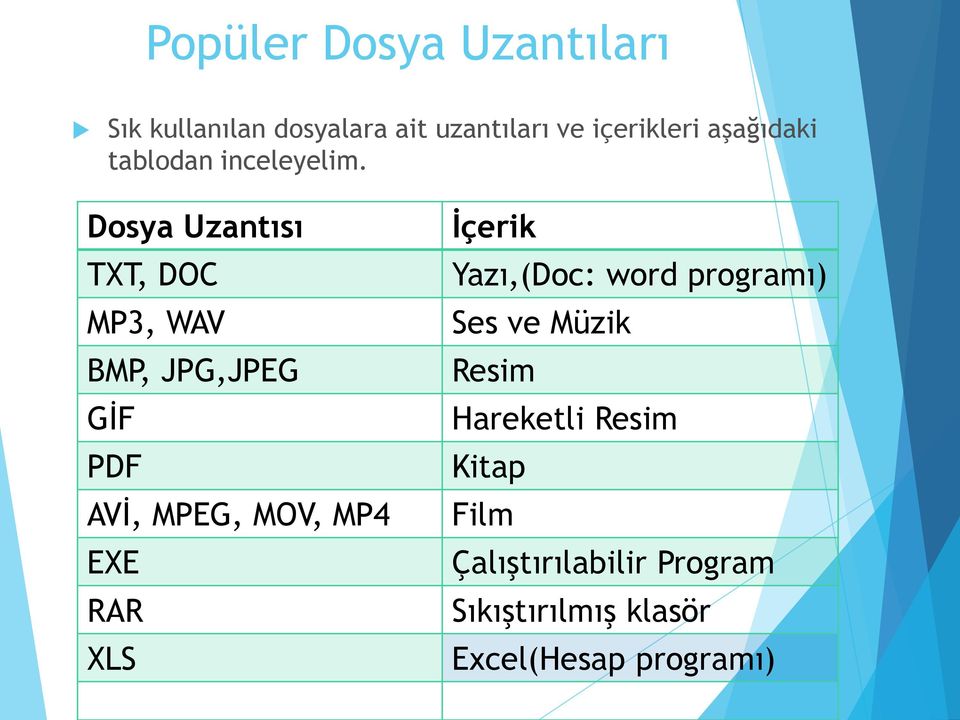 Dosya Uzantısı TXT, DOC MP3, WAV BMP, JPG,JPEG GİF PDF AVİ, MPEG, MOV, MP4 EXE RAR