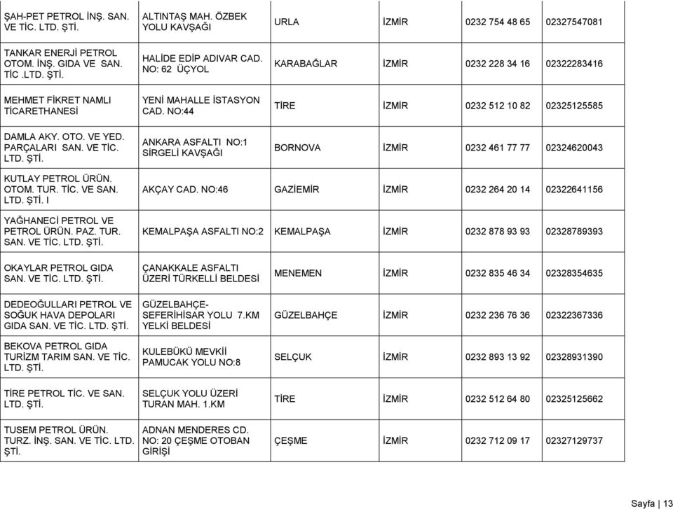 VE TİC. ANKARA ASFALTI NO:1 SİRGELİ KAVŞAĞI BORNOVA İZMİR 0232 461 77 77 02324620043 KUTLAY PETROL ÜRÜN. OTOM. TUR. TİC. VE SAN. I YAĞHANECİ PETROL VE PETROL ÜRÜN. PAZ. TUR. SAN. VE TİC. AKÇAY CAD.