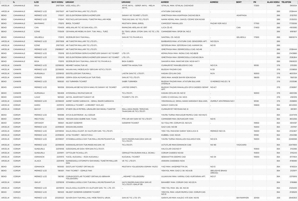 NO:62, 286 2139444 BEKO CANAKKALE MERKEZ ILCE 170017 SES ELEKTRONIK SERVIS HIZMETLERI SANAYI VE TICARET ISMETPASA MAH.ASAFPASA CAD.