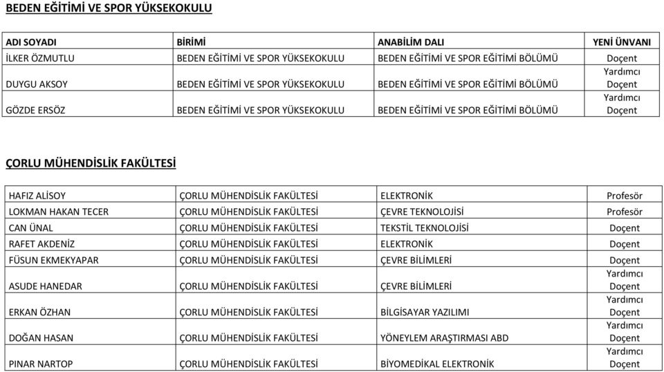 FAKÜLTESİ ELEKTRONİK Profesör LOKMAN HAKAN TECER ÇORLU MÜHENDİSLİK FAKÜLTESİ ÇEVRE TEKNOLOJİSİ Profesör CAN ÜNAL ÇORLU MÜHENDİSLİK FAKÜLTESİ TEKSTİL TEKNOLOJİSİ RAFET AKDENİZ ÇORLU MÜHENDİSLİK