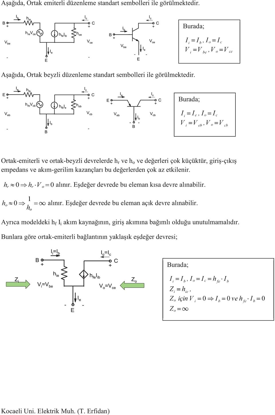 az etkilenir. h r 0 h o 0 h r o 0 alınır. Eşdeğer devrede bu eleman kısa devre alınabilir. 1 alınır. Eşdeğer devrede bu eleman açık devre alınabilir.