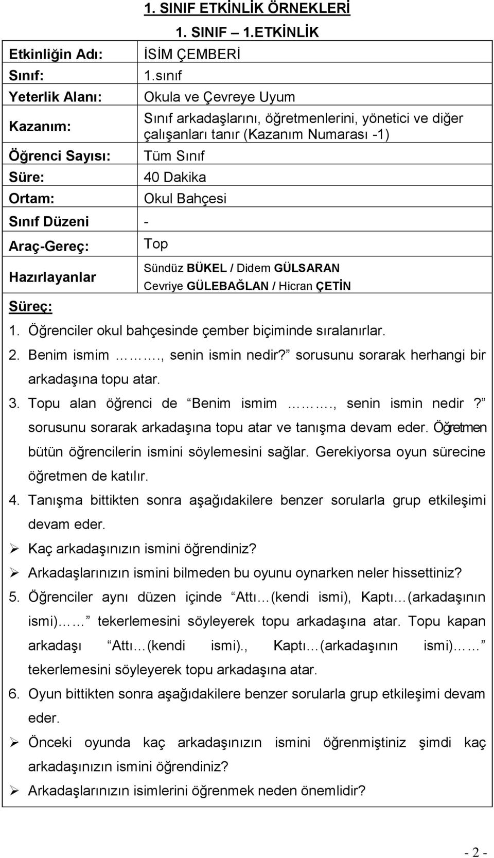 GÜLEBAĞLAN / Hicran ÇETİN 1. Öğrenciler okul bahçesinde çember biçiminde sıralanırlar. 2. Benim ismim., senin ismin nedir? sorusunu sorarak herhangi bir arkadaşına topu atar. 3.