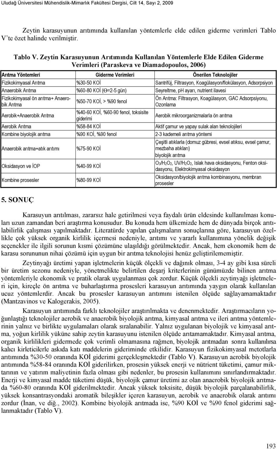 Zeytin Karasuyunun Arıtımında Kullanılan Yöntemlerle Elde Edilen Giderme Verimleri (Paraskeva ve Diamadopoulos, 2006) Arıtma Yöntemleri Giderme Verimleri Önerilen Teknolojiler Fizikokimyasal Arıtma