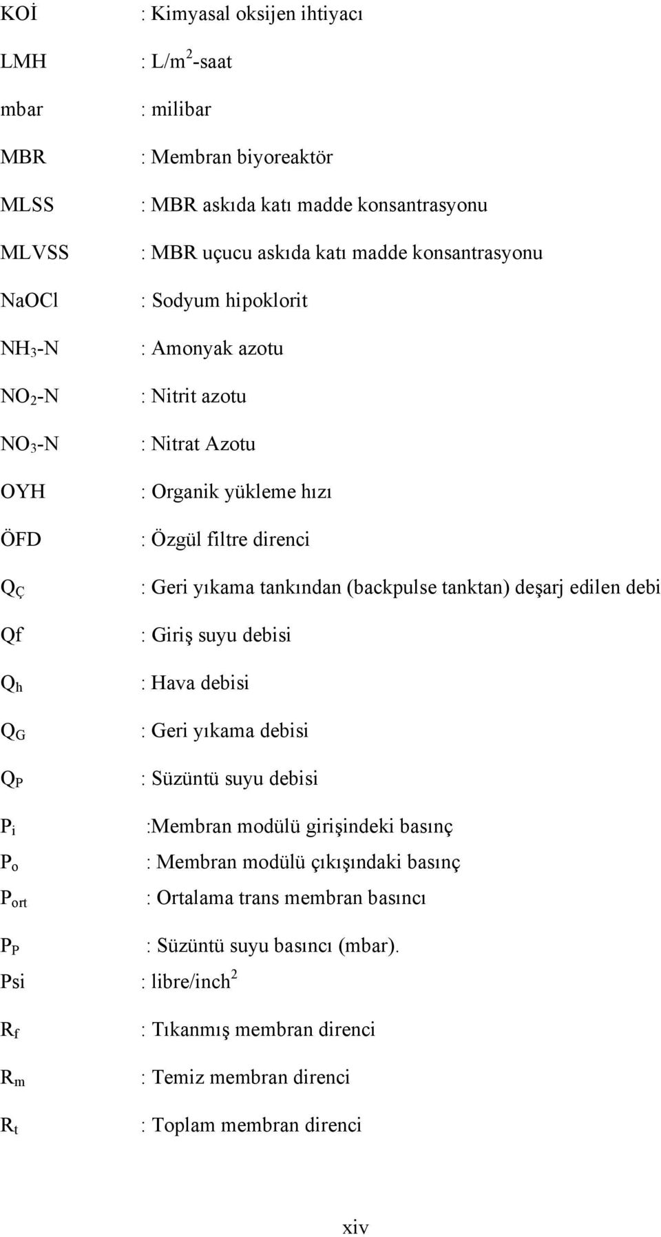 yıkama tankından (backpulse tanktan) deşarj edilen debi : Giriş suyu debisi : Hava debisi : Geri yıkama debisi : Süzüntü suyu debisi :Membran modülü girişindeki basınç : Membran modülü