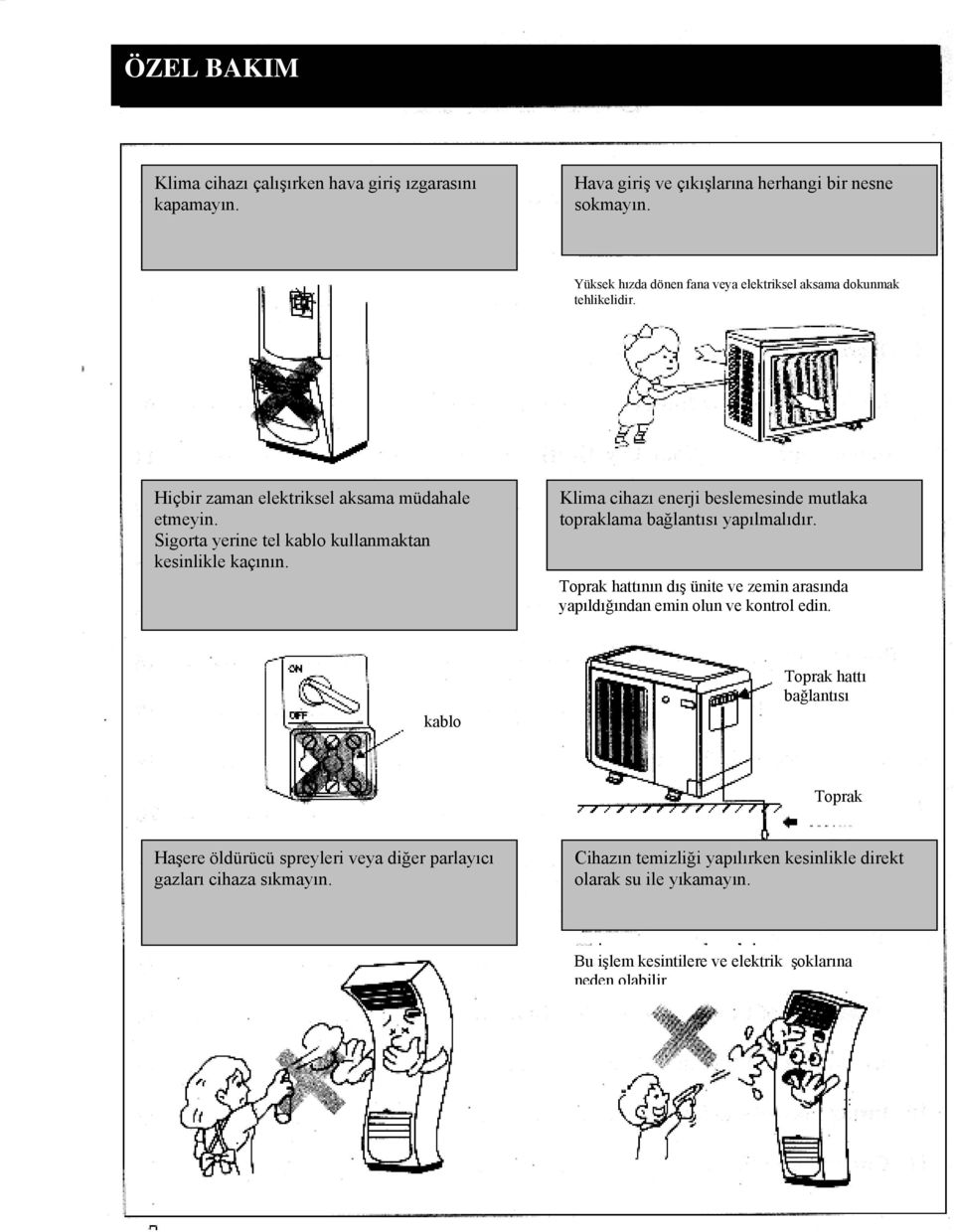 Sigorta yerine tel kablo kullanmaktan kesinlikle kaçının. Klima cihazı enerji beslemesinde mutlaka topraklama bağlantısı yapılmalıdır.