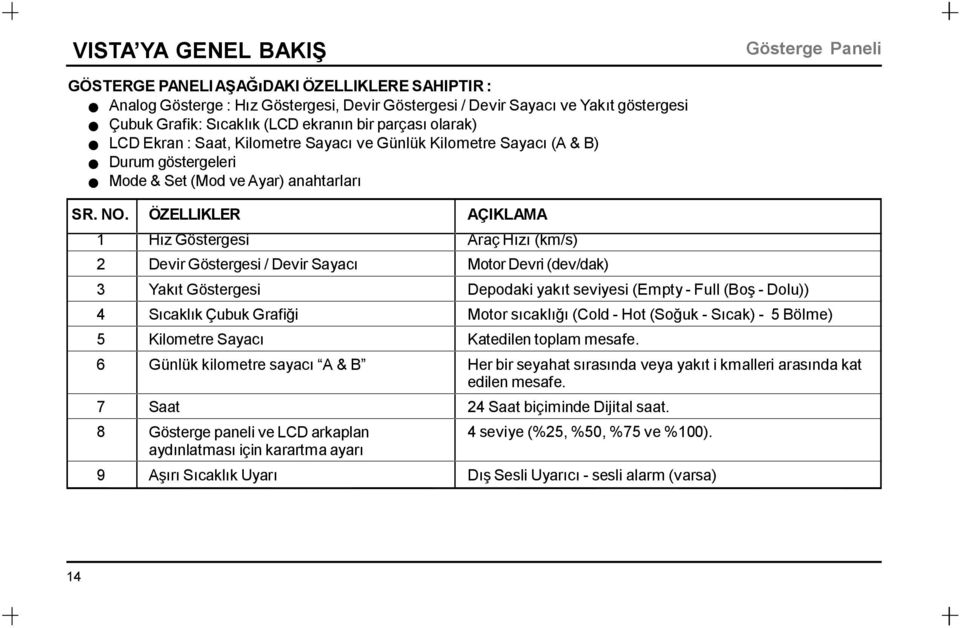 ÖZELLIKLER AÇIKLAMA 1 Hız Göstergesi Araç Hızı (km/s) 2 Devir Göstergesi / Devir Sayacı Motor Devri (dev/dak) 3 Yakıt Göstergesi Depodaki yakıt seviyesi (Empty - Full (Boş - Dolu)) 4 Sıcaklık Çubuk