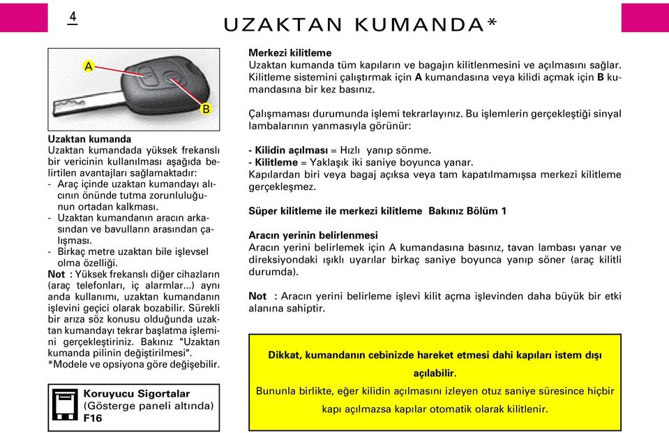 Not : Yüksek frekansl di er cihazlar n (araç telefonlar, iç alarmlar...) ayn anda kullan m, uzaktan kumandan n ifllevini geçici olarak bozabilir.