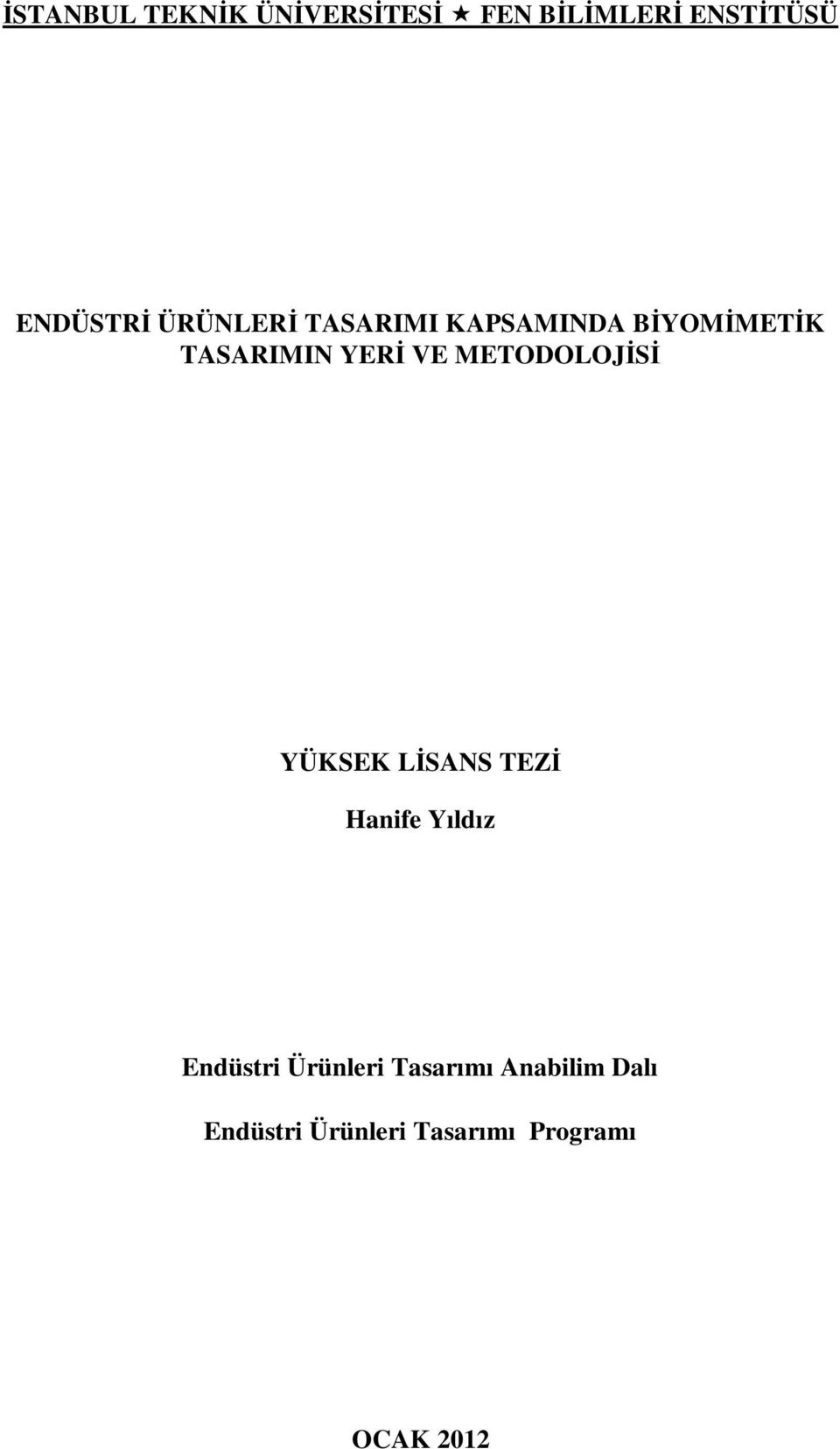 METODOLOJİSİ YÜKSEK LİSANS TEZİ Hanife Yıldız Endüstri Ürünleri