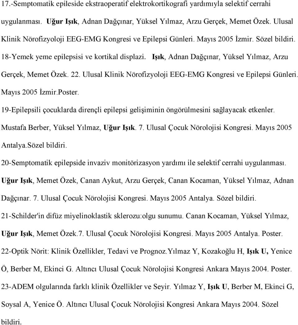 Işık, Adnan Dağçınar, Yüksel Yılmaz, Arzu Gerçek, Memet Özek. 22. Ulusal Klinik Nörofizyoloji EEG-EMG Kongresi ve Epilepsi Günleri. Mayıs 2005 İzmir.Poster.