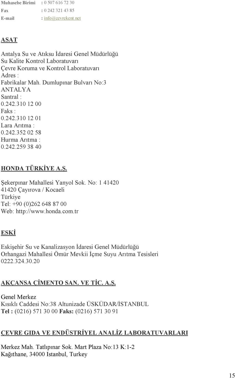 310 12 00 Faks : 0.242.310 12 01 Lara Arıtma : 0.242.352 02 58 Hurma Arıtma : 0.242.259 38 40 HONDA TÜRKİYE A.Ş. Şekerpınar Mahallesi Yanyol Sok.