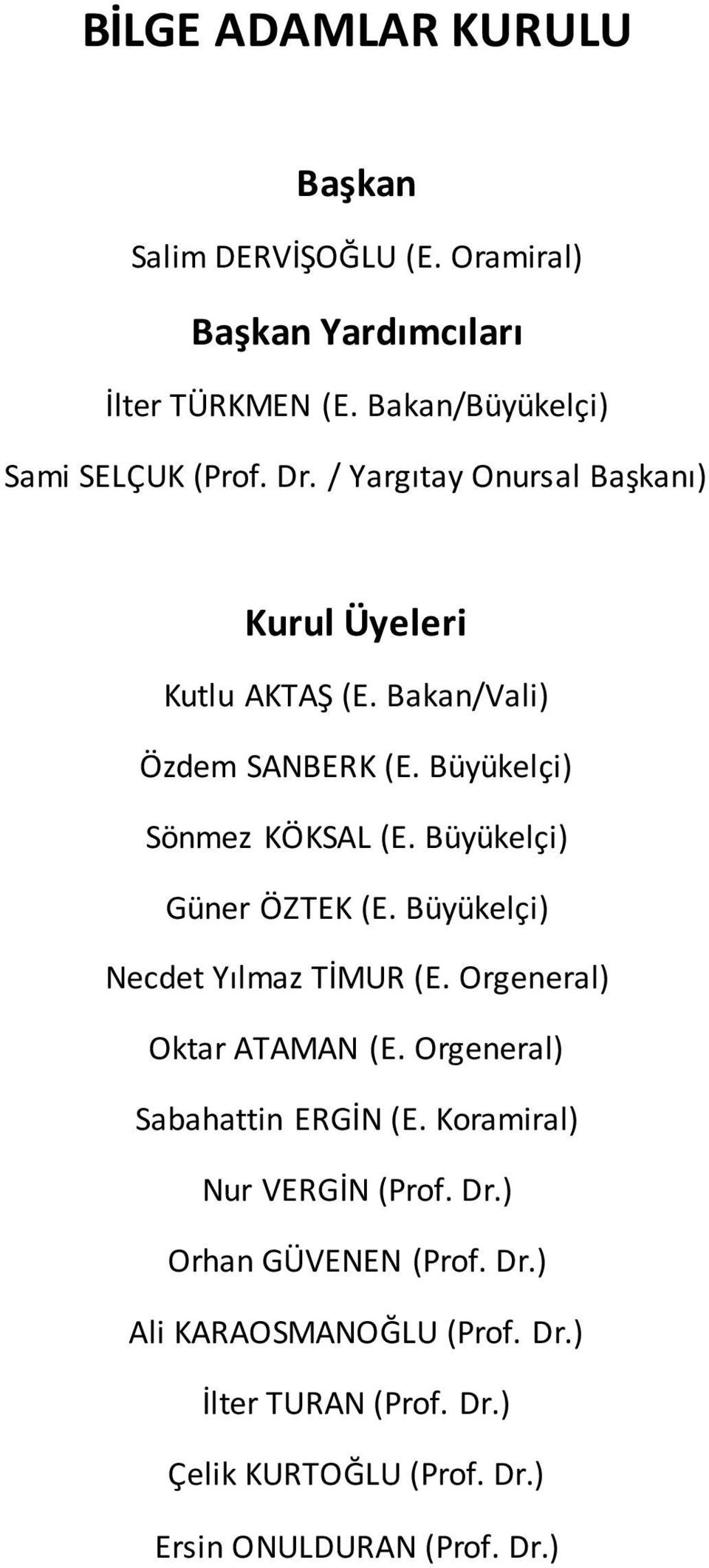 Büyükelçi) Güner ÖZTEK (E. Büyükelçi) Necdet Yılmaz TİMUR (E. Orgeneral) Oktar ATAMAN (E. Orgeneral) Sabahattin ERGİN (E.