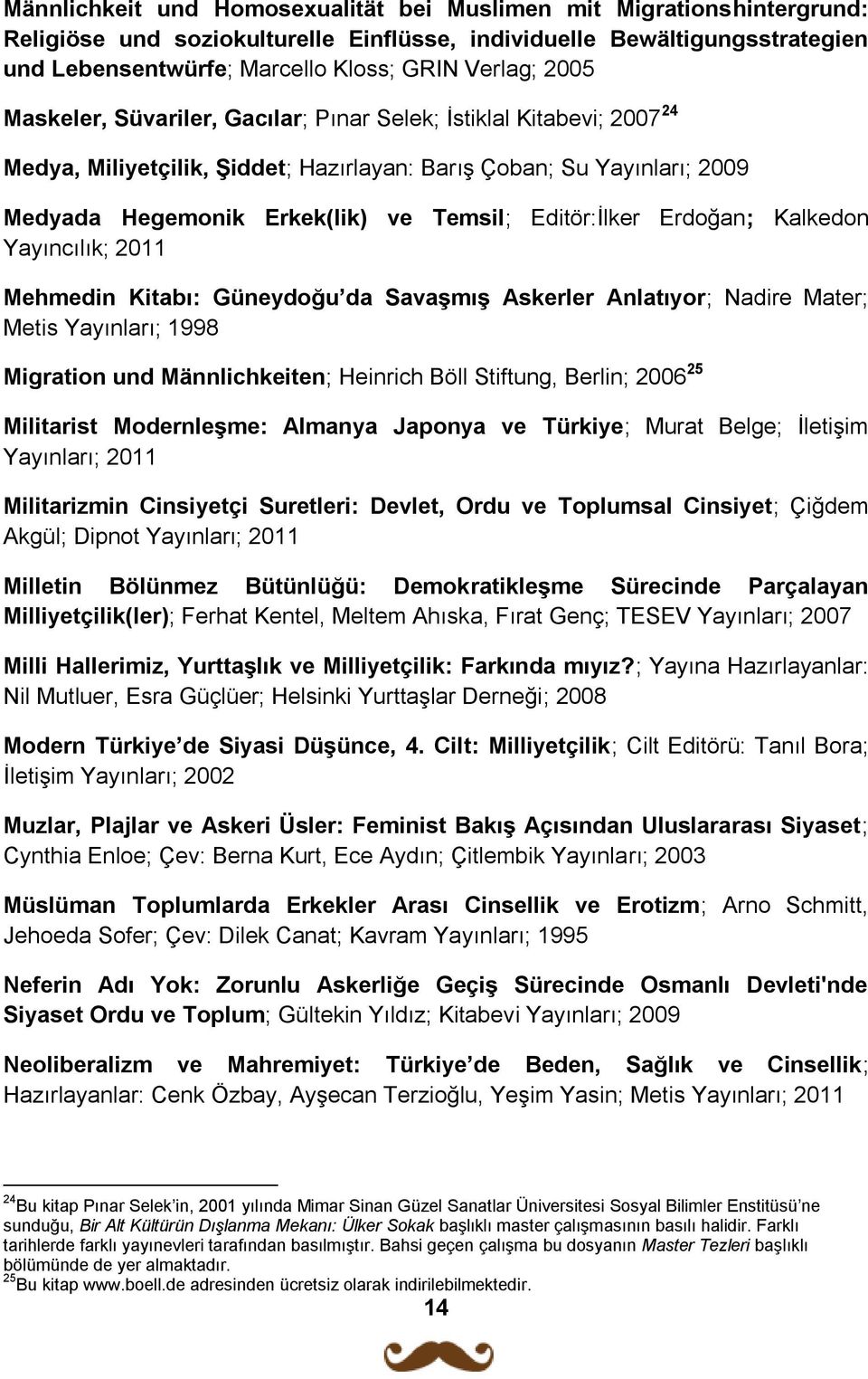 Editör:İlker Erdoğan; Kalkedon Yayıncılık; 2011 Mehmedin Kitabı: Güneydoğu da Savaşmış Askerler Anlatıyor; Nadire Mater; Metis Yayınları; 1998 Migration und Männlichkeiten; Heinrich Böll Stiftung,