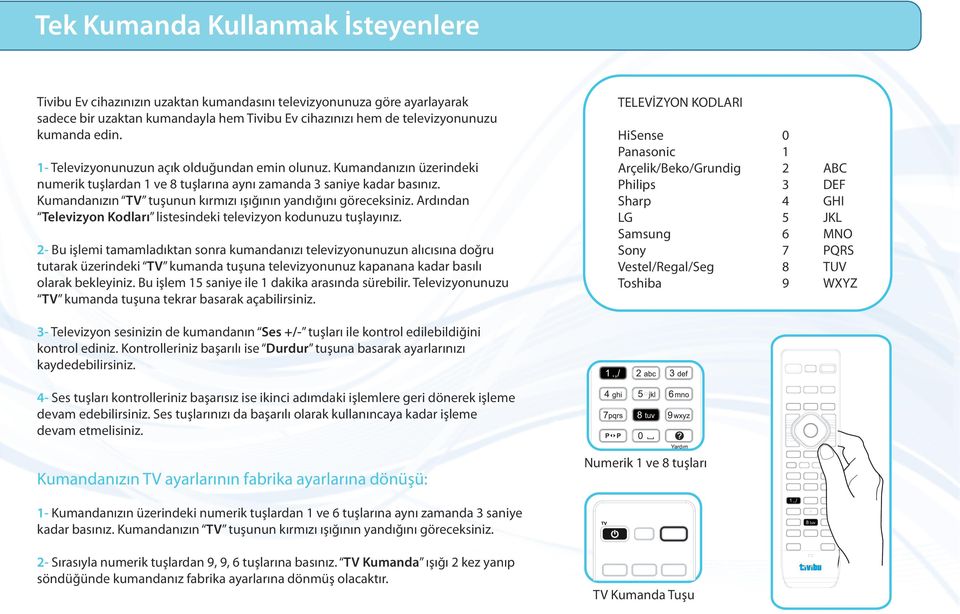 Kumandanızın TV tuşunun kırmızı ışığının yandığını göreceksiniz. Ardından Televizyon Kodları listesindeki televizyon kodunuzu tuşlayınız.