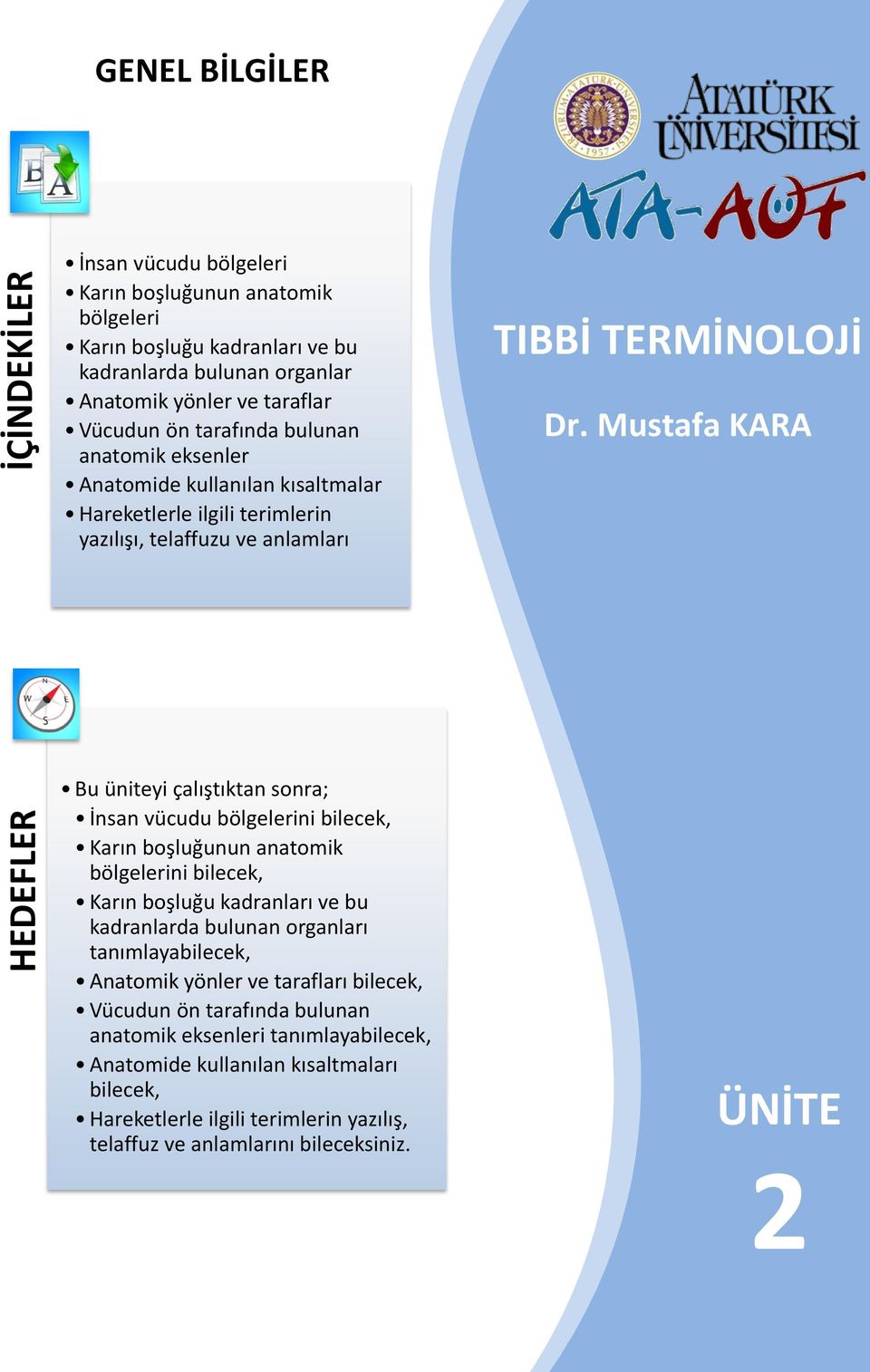 Mustafa KARA Bu üniteyi çalıştıktan sonra; İnsan vücudu bölgelerini bilecek, Karın boşluğunun anatomik bölgelerini bilecek, Karın boşluğu kadranları ve bu kadranlarda bulunan organları