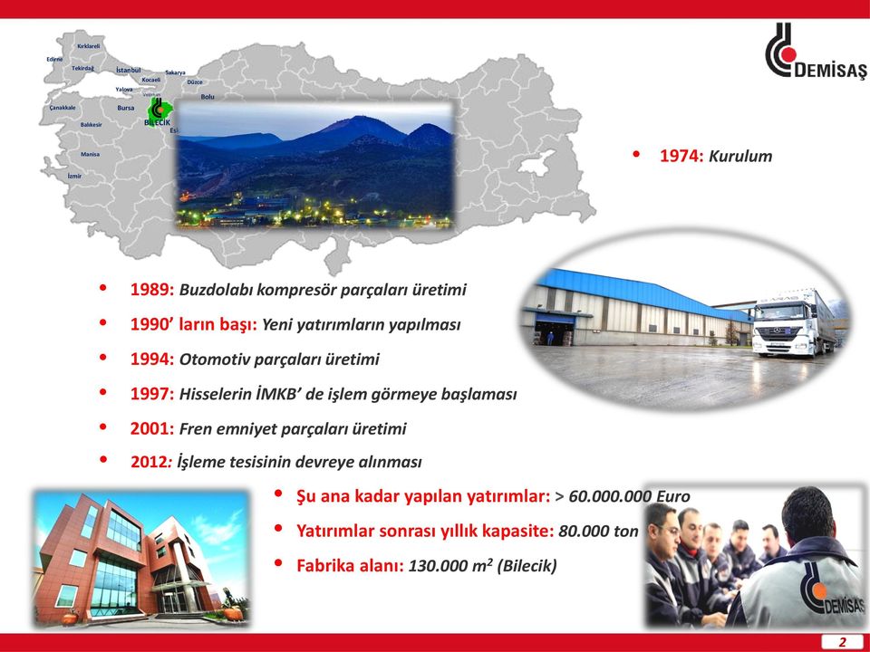 parçaları üretimi 1997: Hisselerin İMKB de işlem görmeye başlaması 2001: Fren emniyet parçaları üretimi 2012: İşleme tesisinin devreye