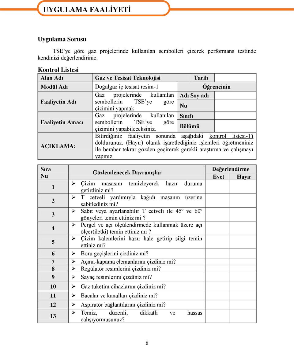 yapmak. Nu Gaz projelerinde kullanılan Sınıfı Faaliyetin Amacı sembollerin TSE ye göre çizimini yapabileceksiniz. Bölümü Bitirdiğiniz faaliyetin sonunda aşağıdaki kontrol listesi-1'i doldurunuz.