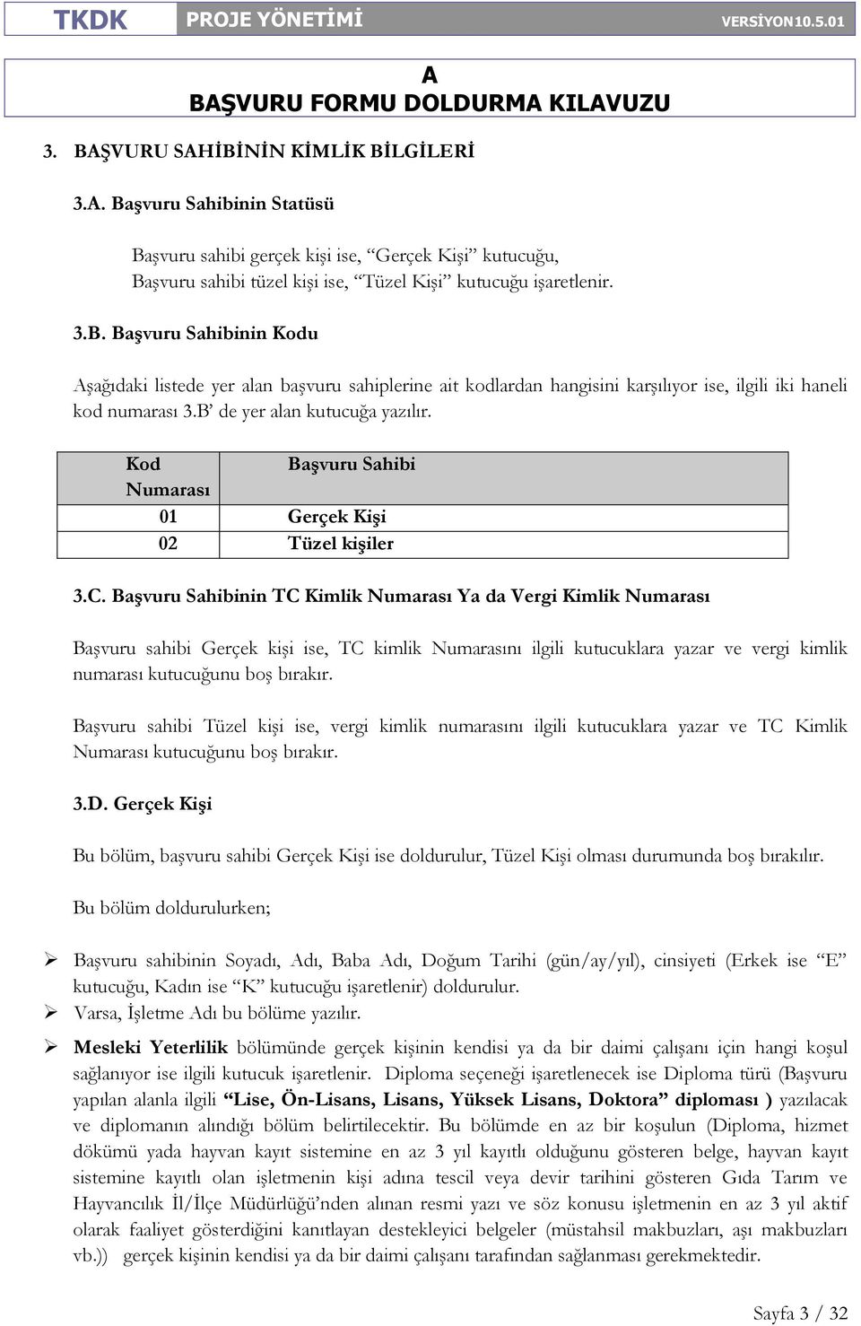 B de yer alan kutucuğa yazılır. Kod Başvuru Sahibi Numarası 01 Gerçek Kişi 02 Tüzel kişiler 3.C.