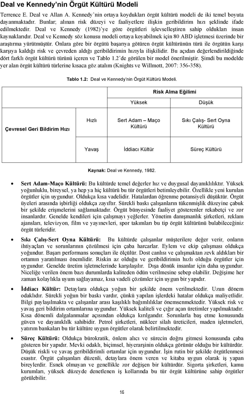 Deal ve Kennedy söz konusu modeli ortaya koyabilmek için 80 ABD işletmesi üzerinde bir araştırma yürütmüştür.