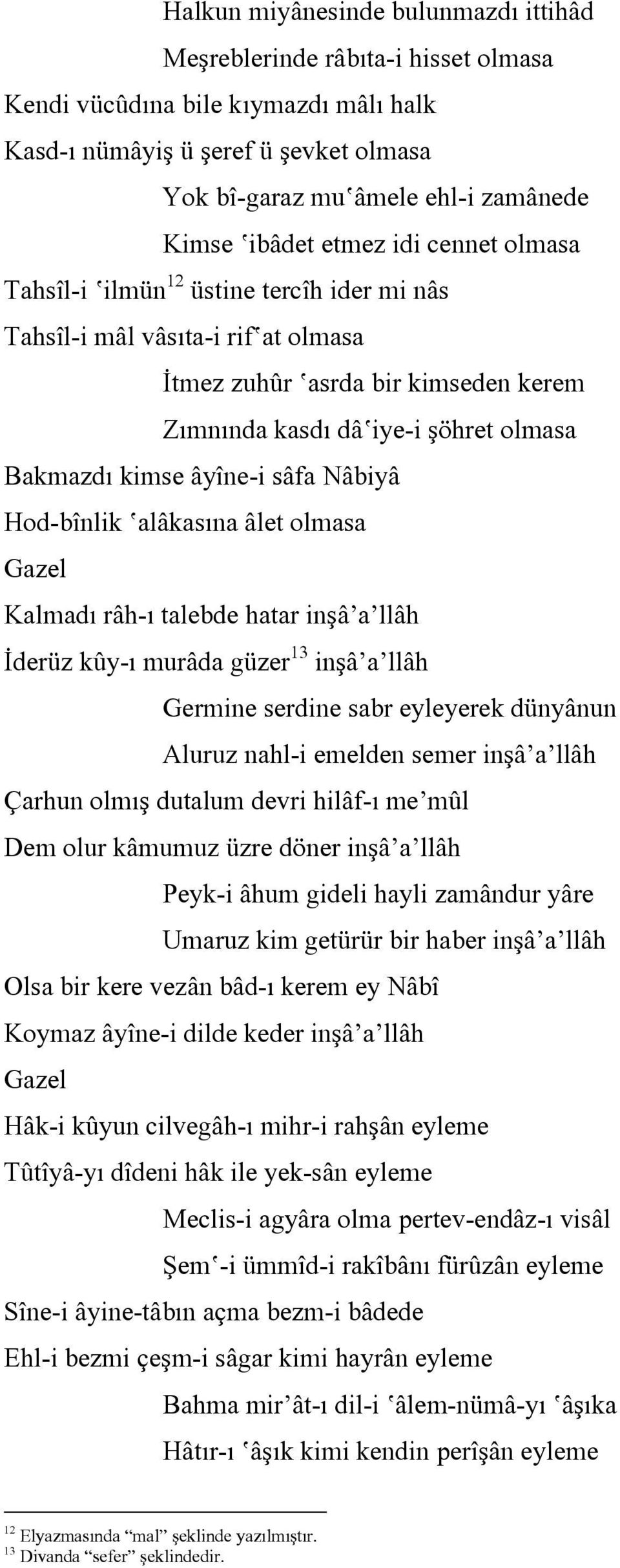 kimse âyîne-i sâfa Nâbiyâ Hod-bînlik alâkasına âlet olmasa Gazel Kalmadı râh-ı talebde hatar inşâ a llâh İderüz kûy-ı murâda güzer 13 inşâ a llâh Germine serdine sabr eyleyerek dünyânun Aluruz nahl-i