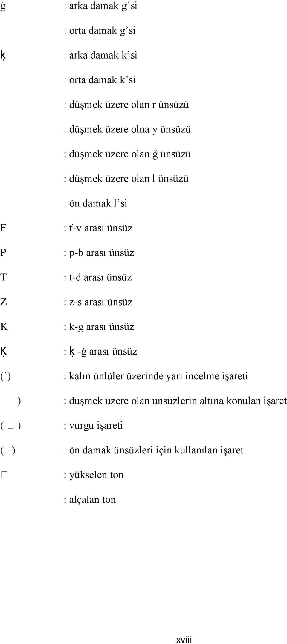 arası ünsüz : z-s arası ünsüz : k-g arası ünsüz : ḳ -ġ arası ünsüz : kalın ünlüler üzerinde yarı incelme işareti ) : düşmek üzere olan