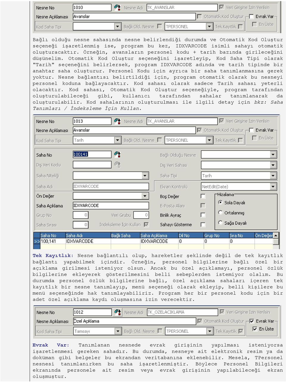 Otomatik Kod Oluştur seçeneğini işaretleyip, Kod Saha Tipi olarak "Tarih" seçeneğini belirlersek, program IDXVARCODE adında ve tarih tipinde bir anahtar saha oluşturur.