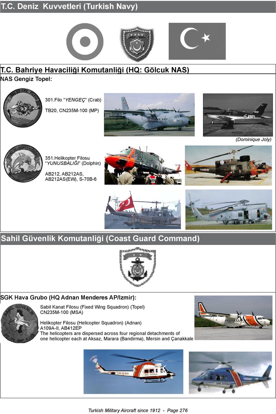 Helikopter Filosu YUNUSBALIĞI (Dolphin) AB212, AB212AS, AB212AS(EW), S-70B-6 Sahil Güvenlik Komutanliği (Coast Guard Command) SGK Hava Grubo (HQ Adnan Menderes
