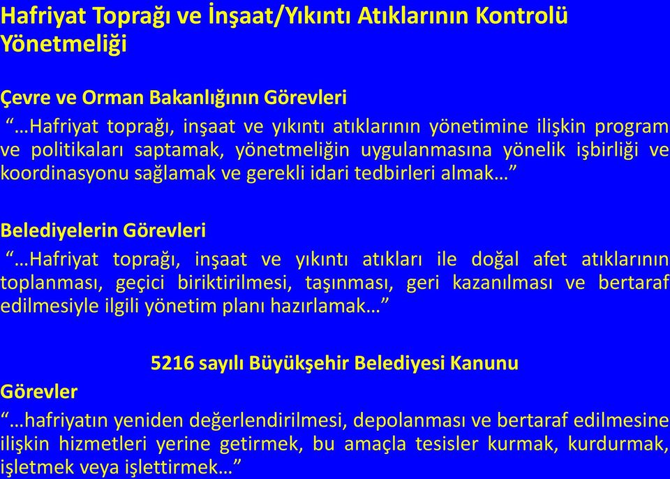 atıkları ile doğal afet atıklarının toplanması, geçici biriktirilmesi, taşınması, geri kazanılması ve bertaraf edilmesiyle ilgili yönetim planı hazırlamak 5216 sayılı Büyükşehir