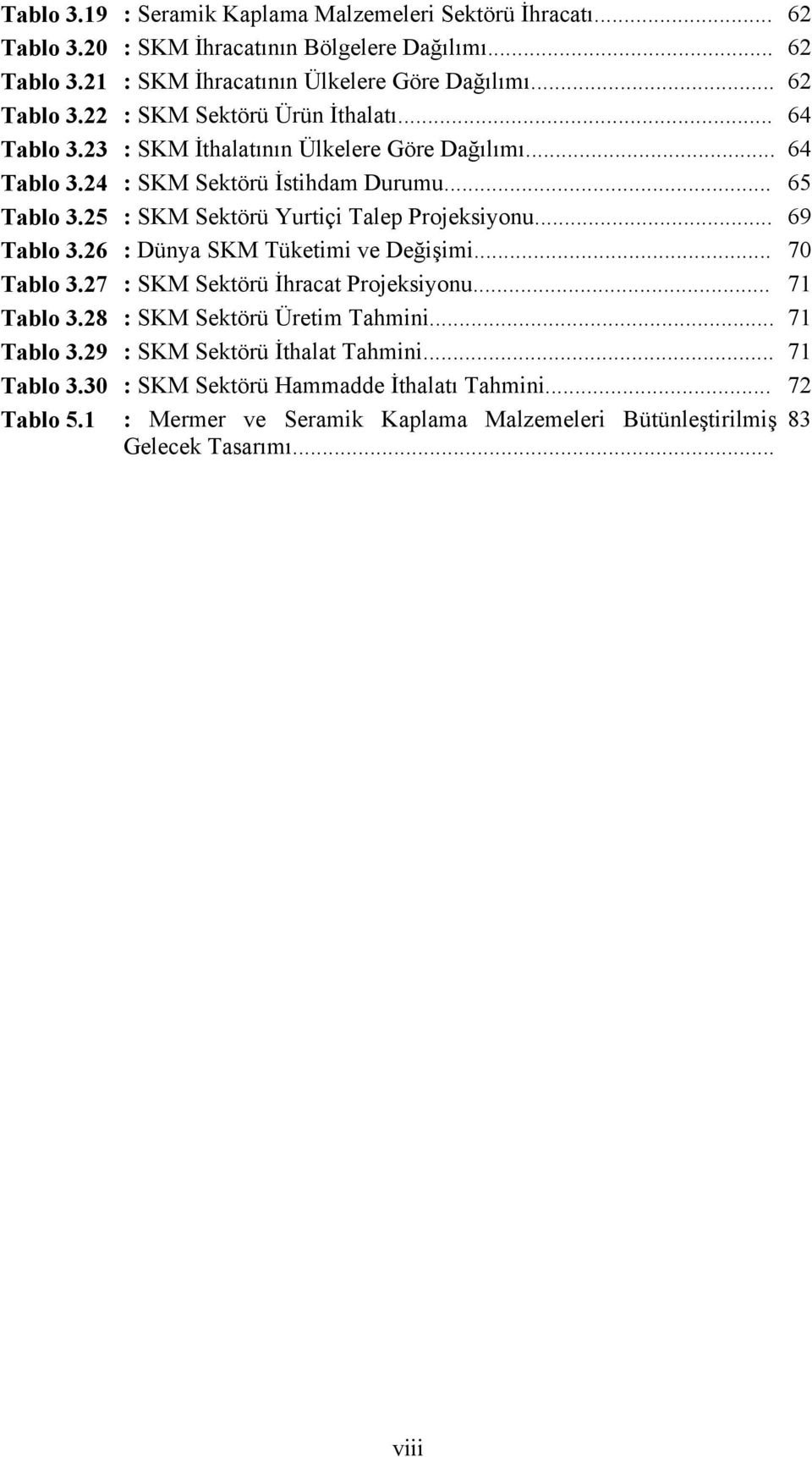 26 : Dünya SKM Tüketimi ve Değişimi... 70 Tablo 3.27 : SKM Sektörü İhracat Projeksiyonu... 71 Tablo 3.28 : SKM Sektörü Üretim Tahmini... 71 Tablo 3.29 : SKM Sektörü İthalat Tahmini.