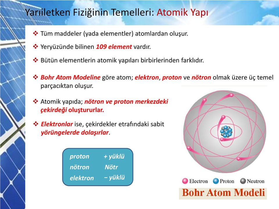 Bohr Atom Modeline göre atom; elektron, proton ve nötron olmak üzere üç temel parçacıktan oluşur.