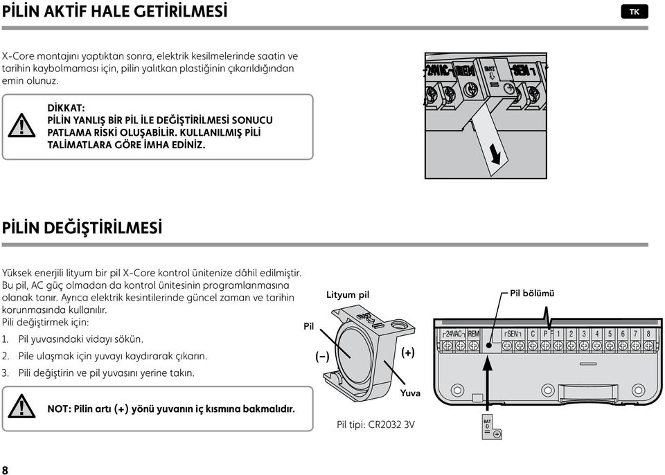 PİLİN DEĞİŞTİRİLMESİ Yüksek enerjili lityum bir pil X-Core kontrol ünitenize dâhil edilmiştir. Bu pil, AC güç olmadan da kontrol ünitesinin programlanmasına olanak tanır.