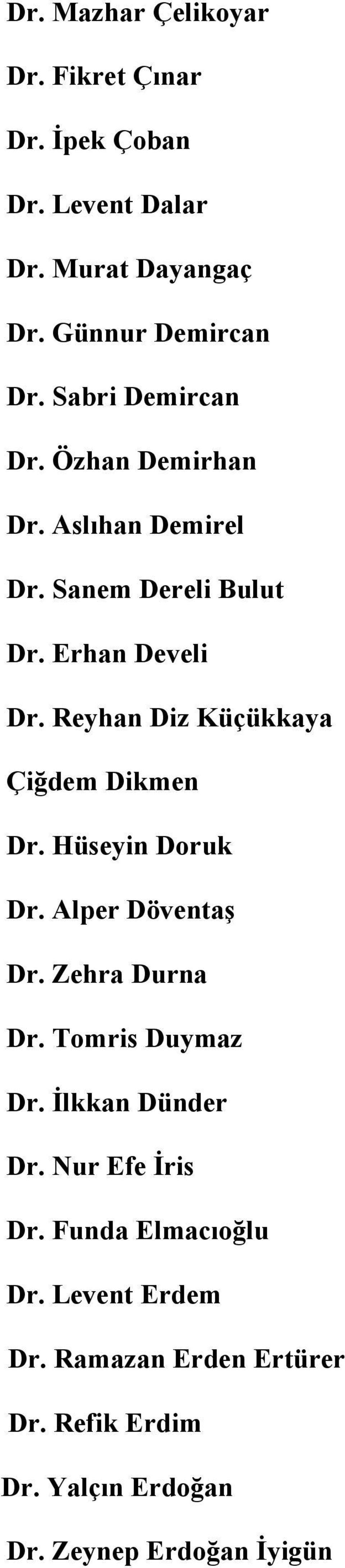 Reyhan Diz Küçükkaya Çiğdem Dikmen Dr. Hüseyin Doruk Dr. Alper Döventaş Dr. Zehra Durna Dr. Tomris Duymaz Dr.