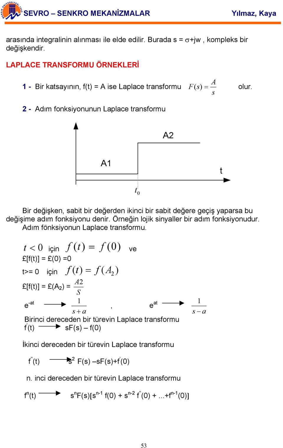 Örneğin lojik sinyaller bir adım fonksiyonudur. Adım fönksiyonun Laplace transformu.