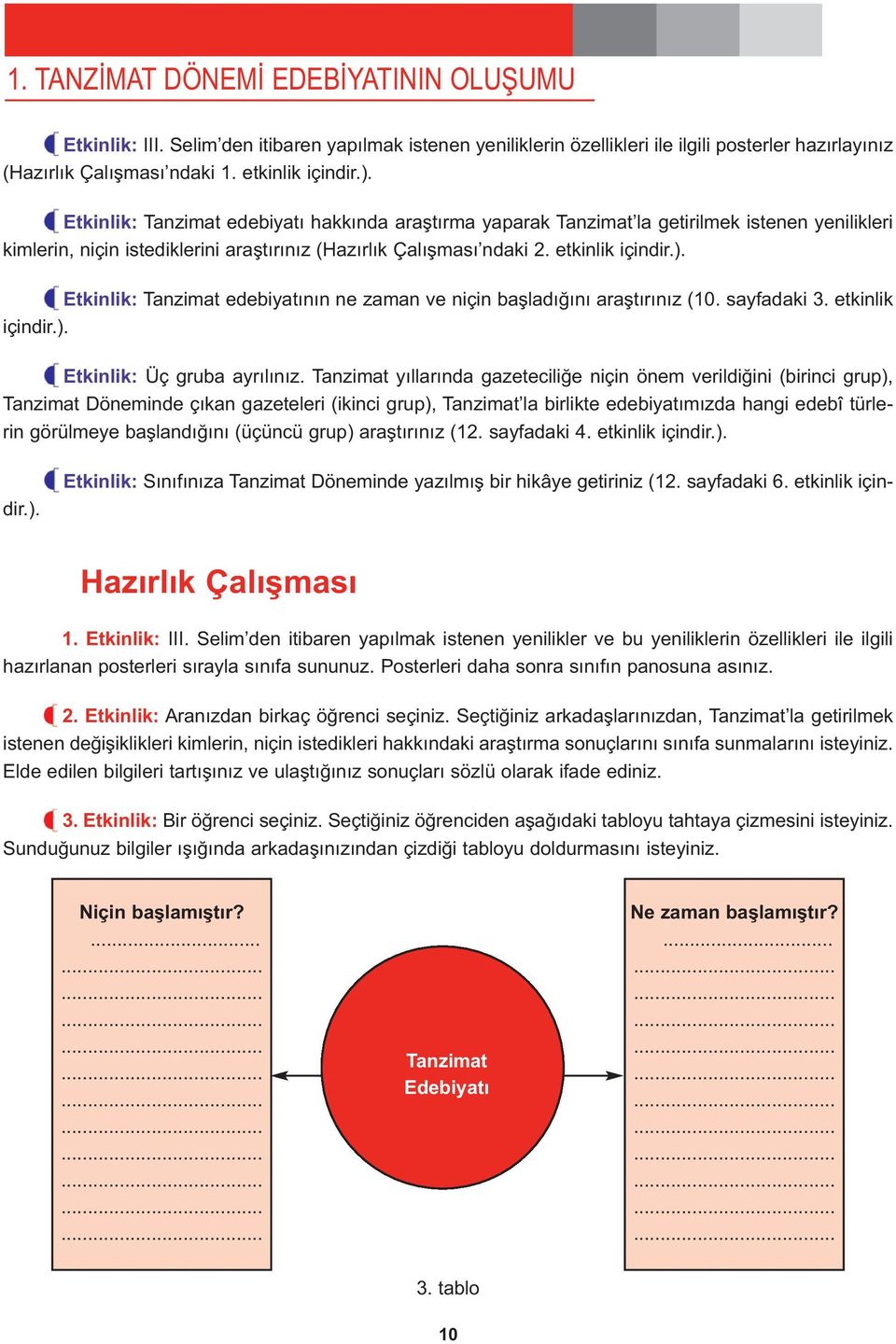 Etkinlik: Tanzimat edebiyatının ne zaman ve niçin başladığını araştırınız (10. sayfadaki 3. etkinlik içindir.). Etkinlik: Üç gruba ayrılınız.